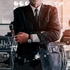 Big Data Technology for Business Finance Analytic Concept. Modern graphic interface shows massive information of business sale report, profit chart and stock market trends analysis on screen monitor.